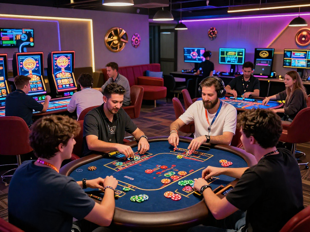Exciting crypto casino scene showcasing players engaging with digital games and vibrant crypto tokens.