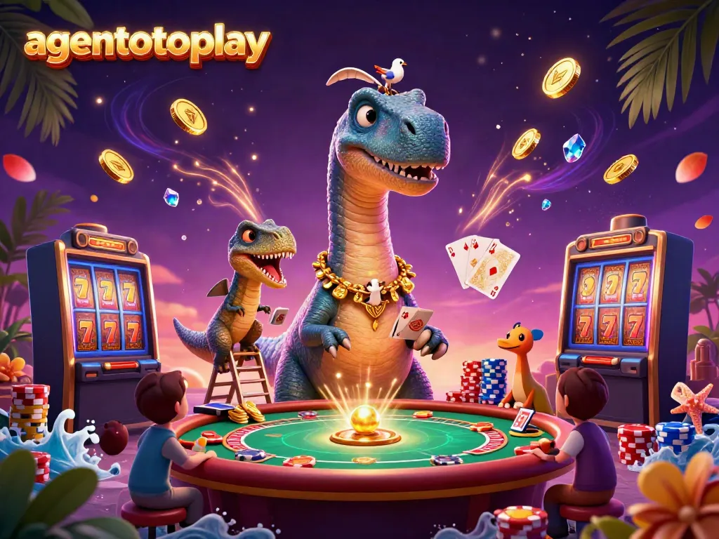 Engage in lively agentotoplay action with a humorous brontosaurus overseeing a vibrant casino scene.