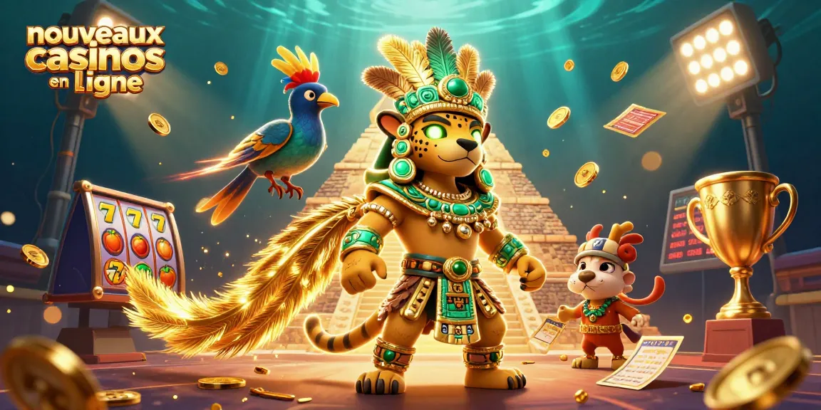 Illustration 3D des nouveaux casinos en ligne avec des personnages mayas et des éléments de machines à sous.