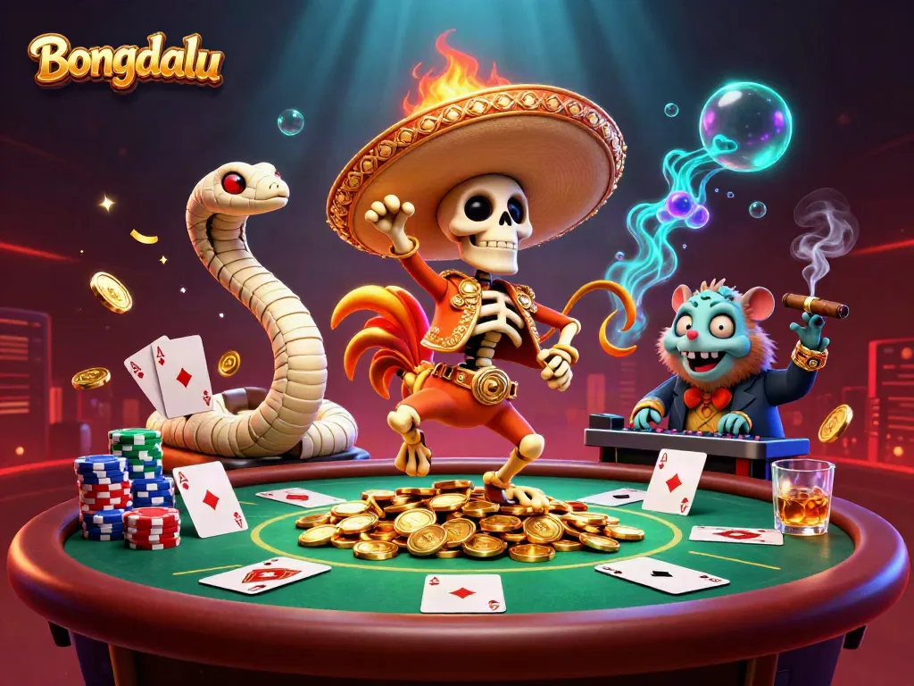 Bongdalu features a festive 3D cartoon scene of a mariachi rooster celebrating amidst poker game elements and vibrant colors.