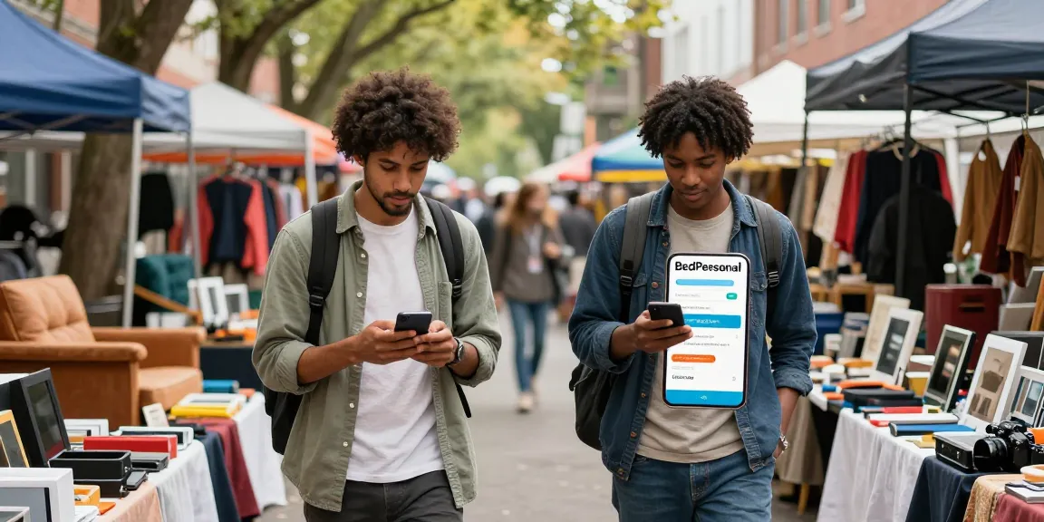 Users engaging with BedPersonal in a lively marketplace, showcasing diverse local classifieds interactions.