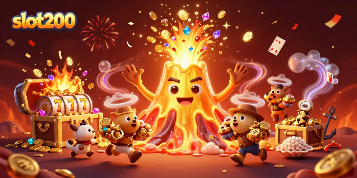 Win big with slot200 as the golden volcano erupts treasures amidst a vibrant casino scene.