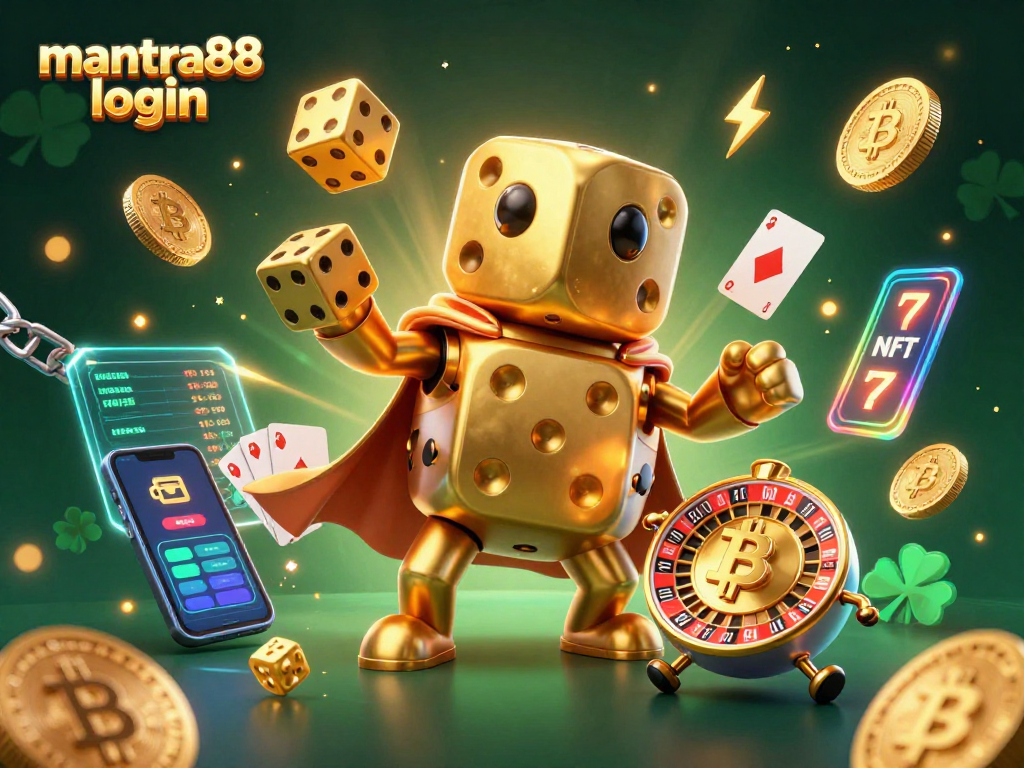 Engage with the mantra88 login and explore a vibrant 3D illustration of a casino scene filled with golden dice, slot reels, and crypto coins.