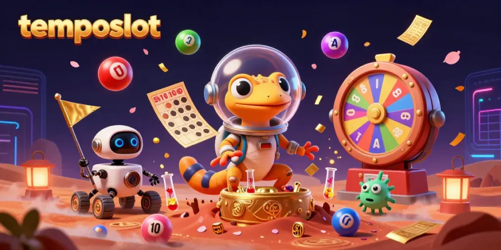 Permainan slot temposlot dengan karakter animasi alien yang energik di kasino emas.