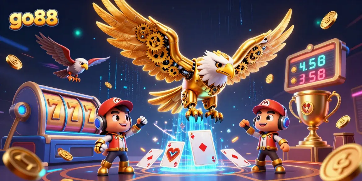 Experience the thrill of go88 with a dynamic 3D casino scene showcasing golden eagle and slot reels.