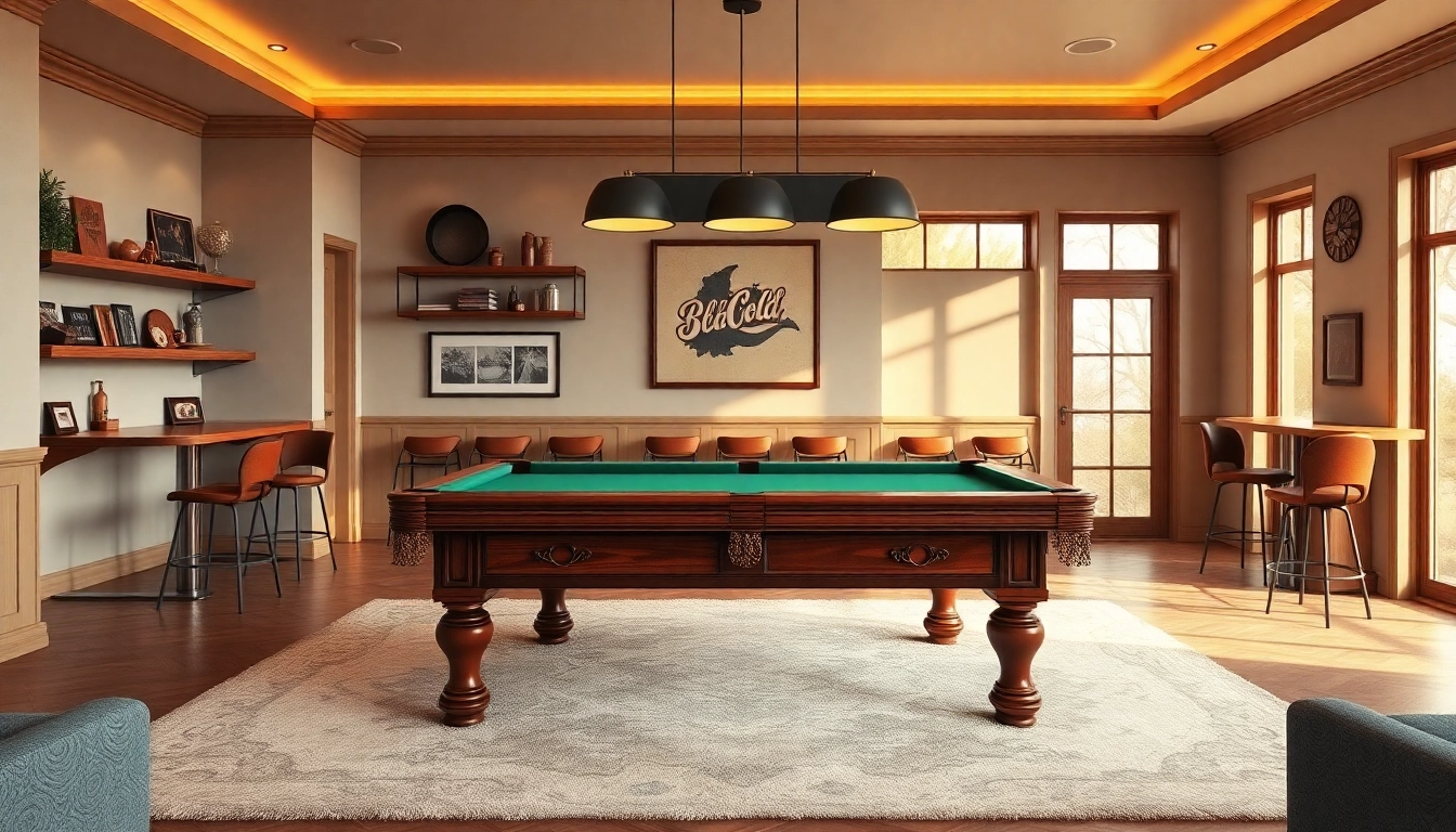 Buy Pool Tables in a stylish game room featuring rich wood and vibrant green felt.