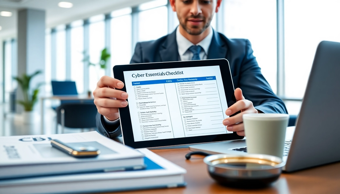 Check cyber essentials checklist on a tablet with a sleek design in a modern workspace.
