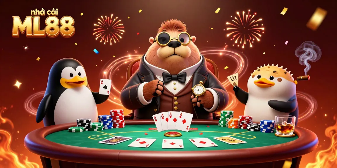 Engaging scene at nhà cái ML88 with a jolly walrus playing poker alongside a penguin dealer and a bluffing pufferfish.