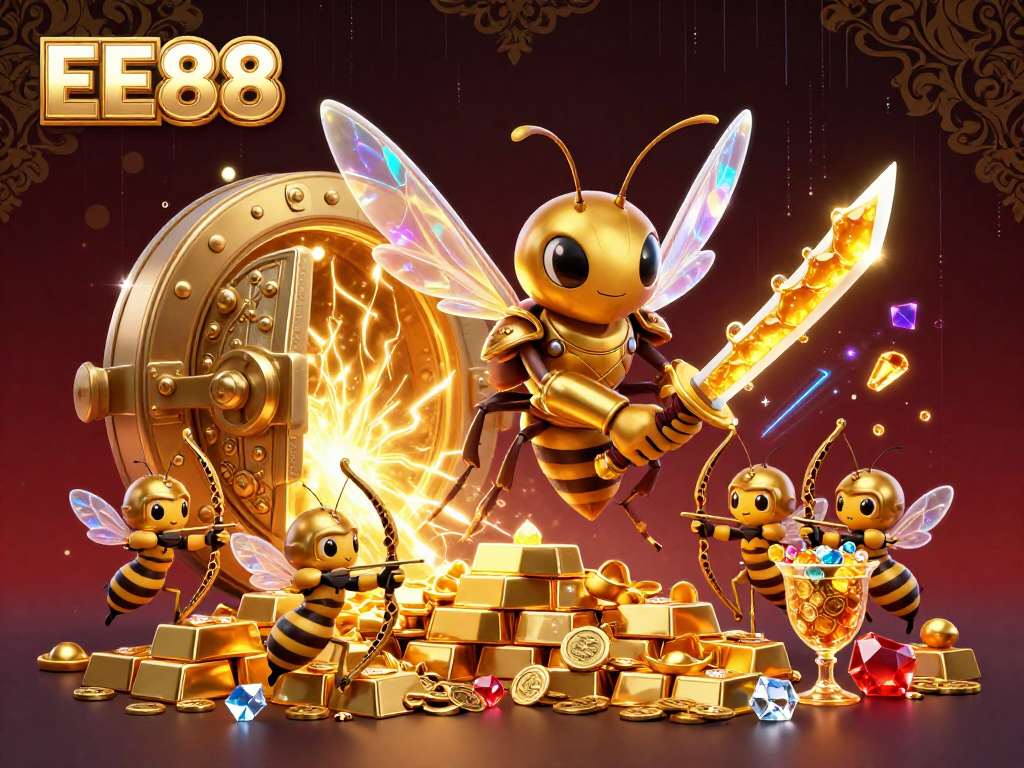 Engage with EE88's dynamic 3D illustration showcasing a golden hornet samurai and treasure in a casino theme.