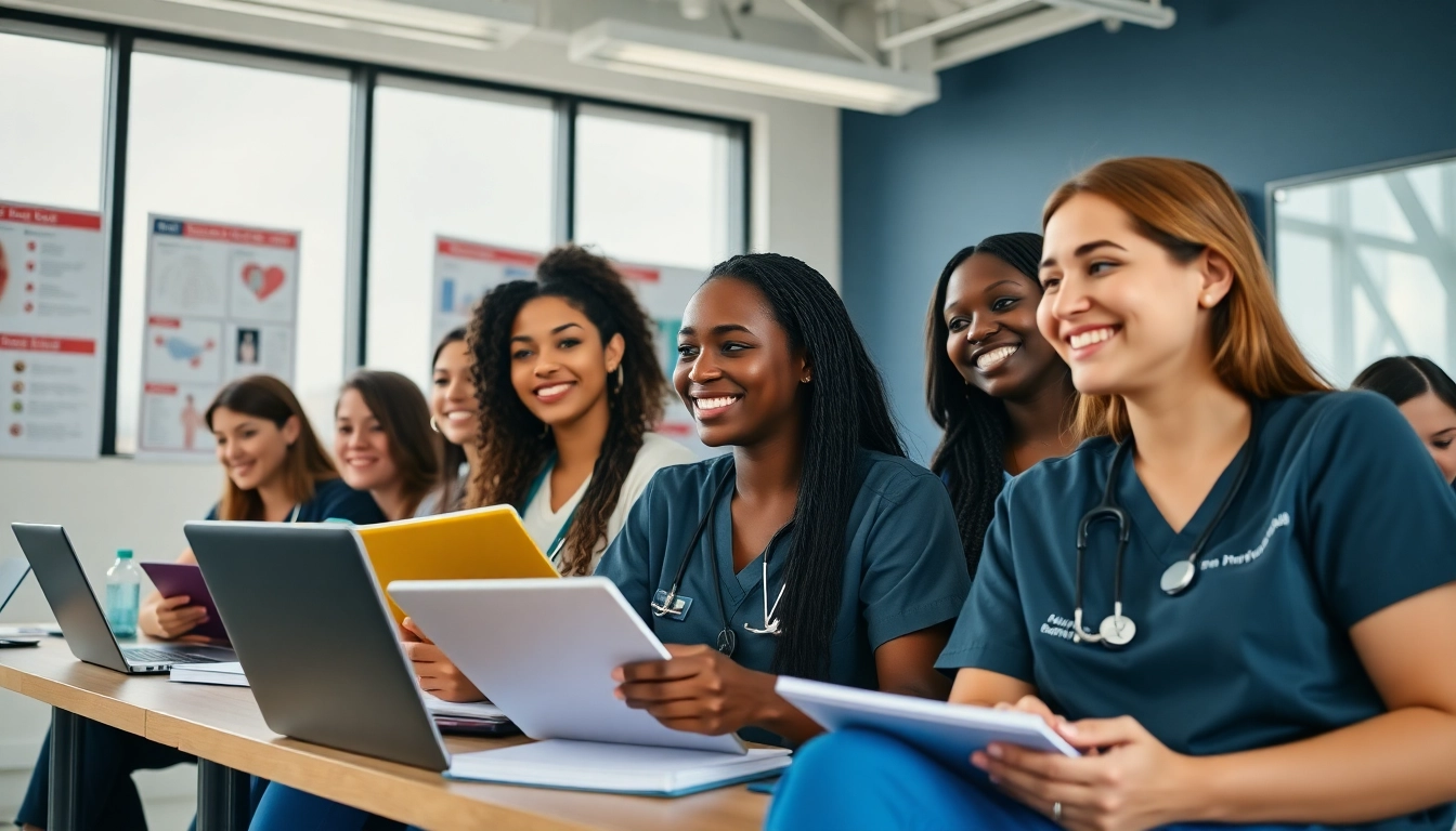 Engaged nursing students collaborating at the Houston Trusted NCLEX review center.