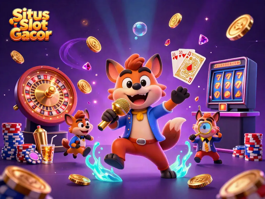 Gambar menarik dari Situs Slot Gacor dengan hyena sebagai pelawak dan elemen kasino yang kaya.