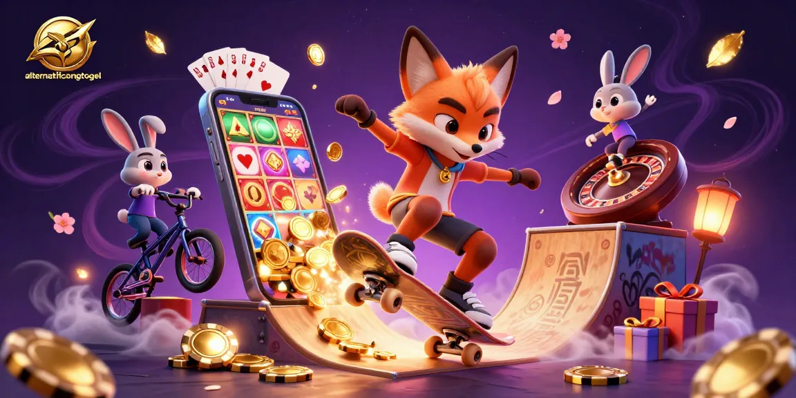 Experience thrilling gameplay with alternatifcongtogel in this vibrant beach scene featuring a 3D cartoon fox and rabbit.
