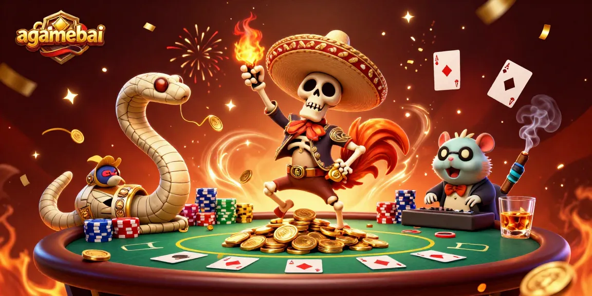 Celebrate with agamebai's thrilling poker scene featuring joyful characters amidst a victory dance, poker chips and cards.
