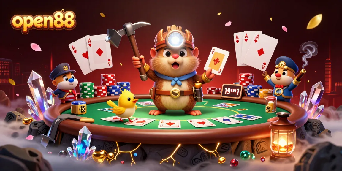 Experience thrilling gaming at open88 with a treasure hunter mole exploring a vibrant casino scene full of excitement.