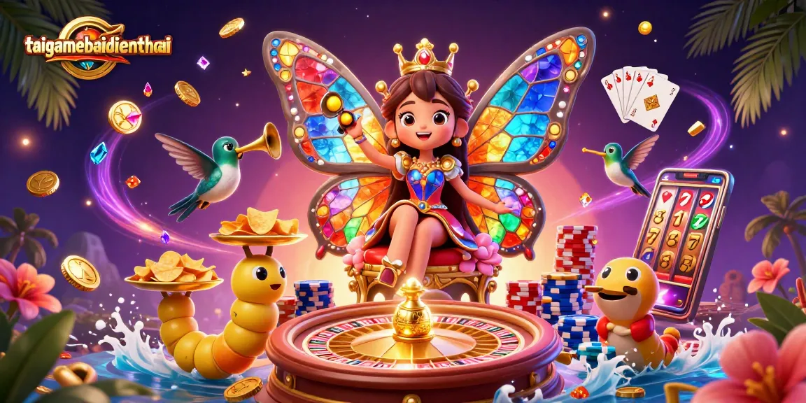 Feel the thrill of taigamebaidienthoai with a vibrant butterfly queen and winning slot symbols!