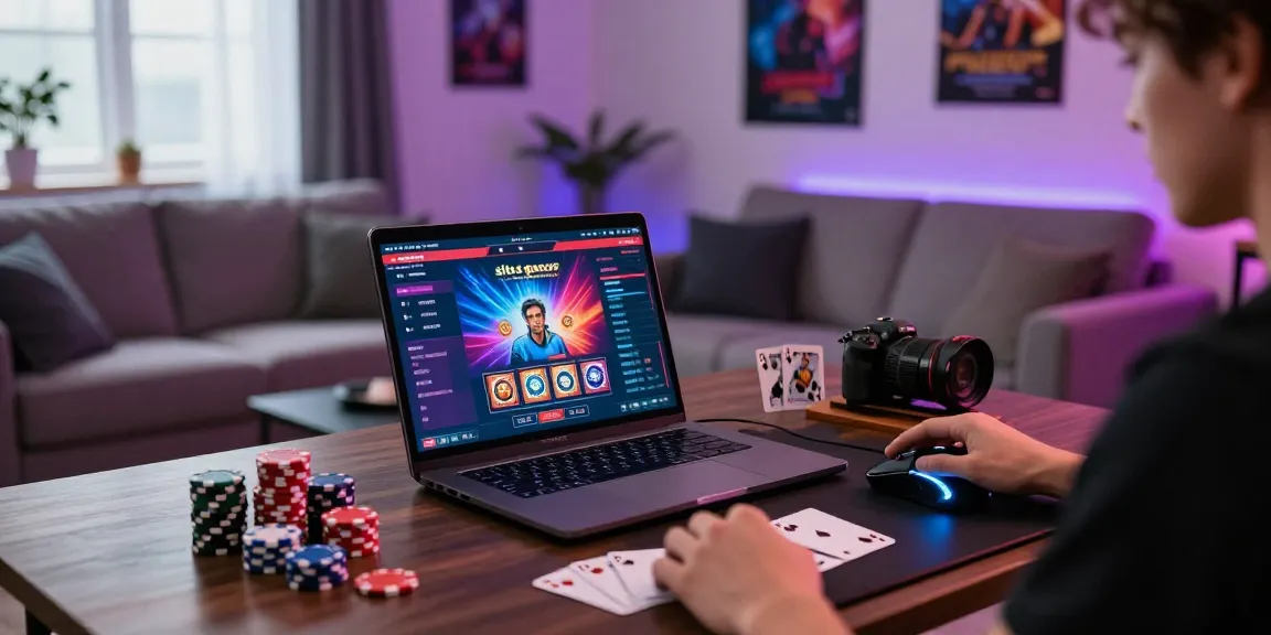 Player enjoying situs gacor in a stylish home gaming setup with vibrant poker elements