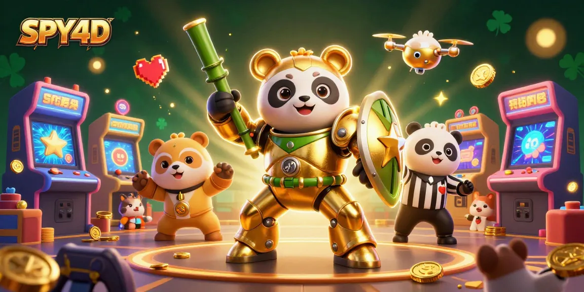 SPY4D menciptakan suasana kasino dengan panda mekanik dan elemen arcade berwarna-warni.