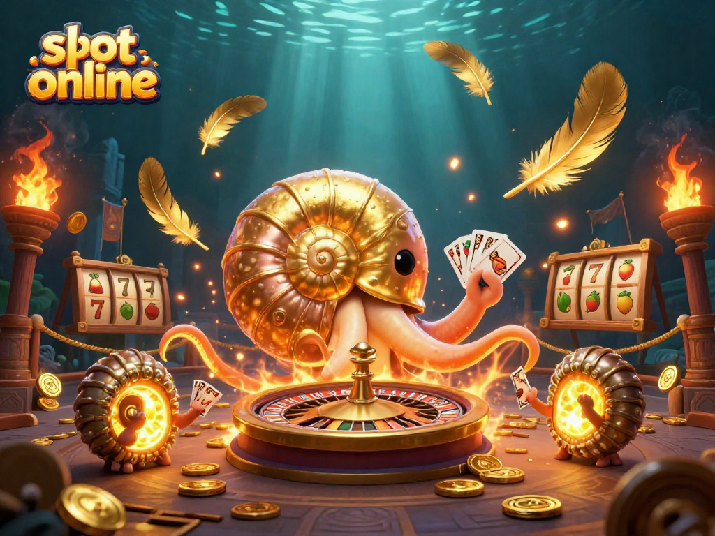 Engaging slot online illustration featuring a giant nautilus roulette wheel amidst vibrant casino elements.