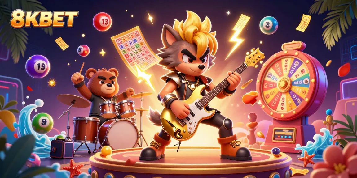 Engage with 8KBET's exciting lottery atmosphere, featuring a 3D rock star wolf and dynamic game elements.