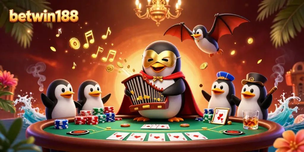 Gambar betwin188 menampilkan penguin opera 3D bermain organ yang mengeluarkan koin emas, dikelilingi elemen kasino.