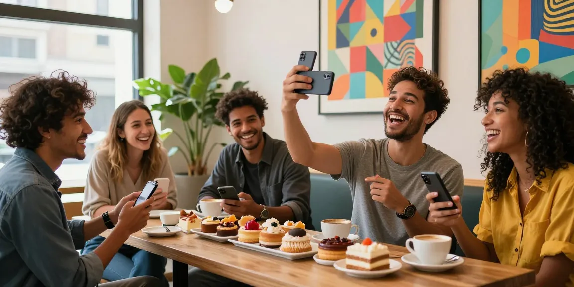 Group of friends at café checking how old do I look with smartphones, vibrant atmosphere.