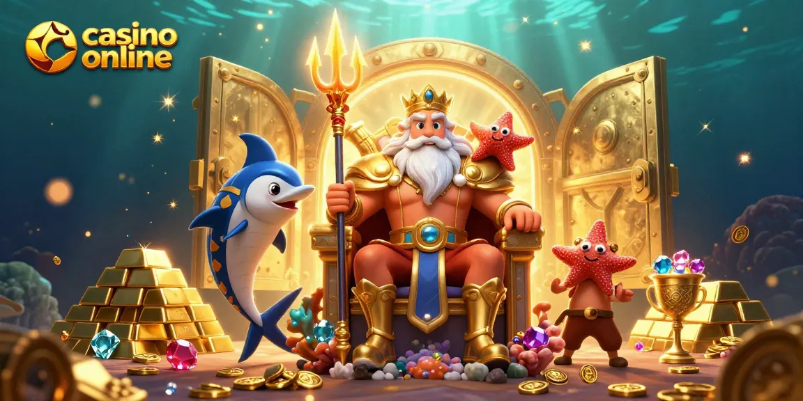 Win big at casino online with exuberant Neptune and treasures bursting forth in a colorful underwater scene.