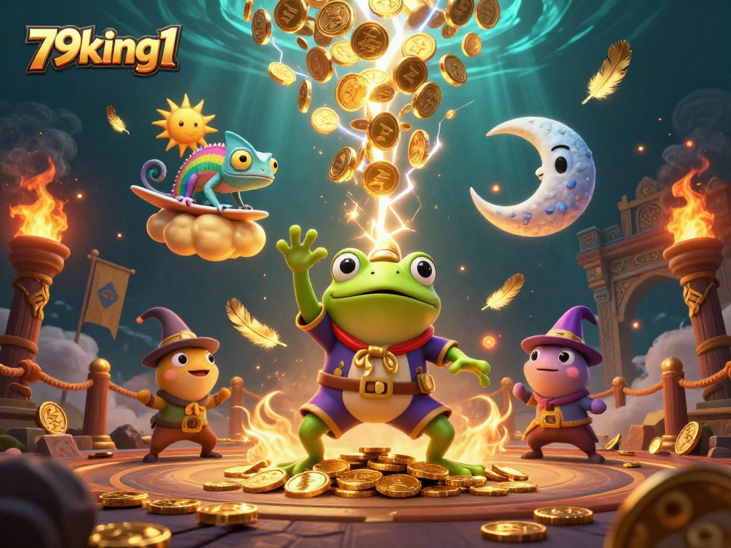 Engage with 79king1 at the vibrant casino featuring a frog wizard and a chameleon in a gold-filled storm.
