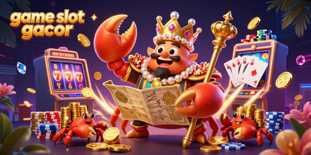 Experience the excitement of game slot gacor with a vibrant illustration featuring a golden crab emperor and dynamic casino elements.