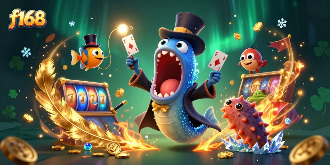 Experience excitement at f168 with a magician eel performing card tricks in a vibrant casino scene.