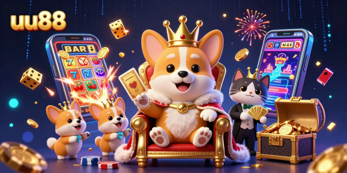 Experience the thrill of uu88 casino games with a royal corgi and vibrant slot machine backdrop.