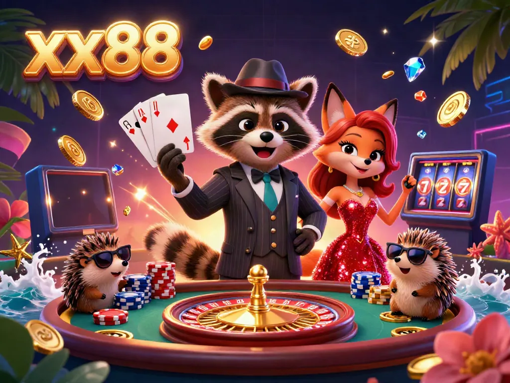 Experience the excitement of xx88 gaming with a raccoon, a fox, and a hedgehog amidst vibrant casino elements.