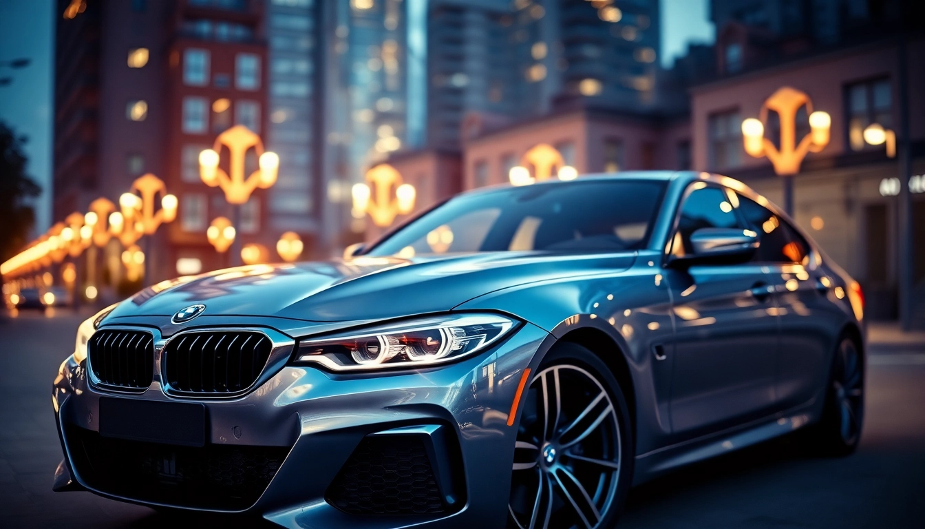 Luxury BMW car showcasing sleek design against an elegant urban backdrop