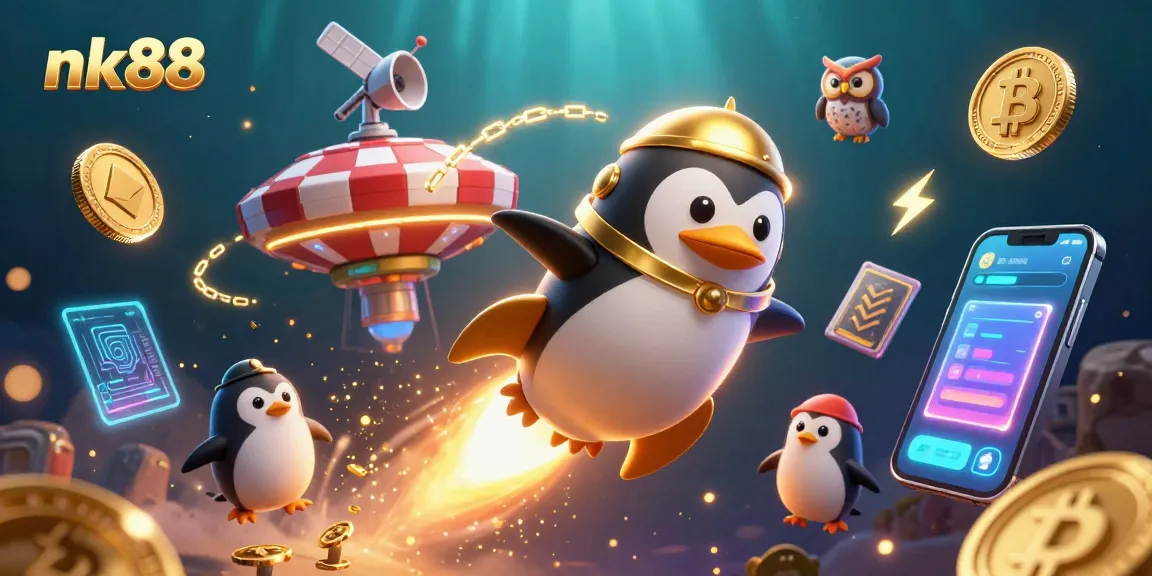 Experience the excitement of nk88 with a vibrant scene of a penguin flying toward a casino space station.