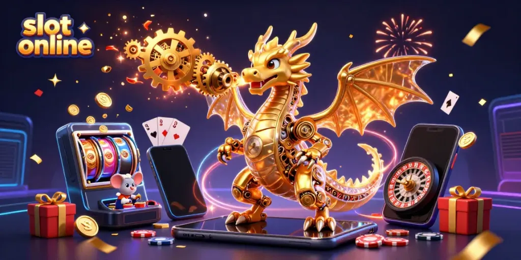 Experience thrilling slot online action with a vibrant dragon, golden coins, and a colorful game display.