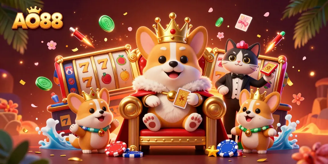 Engage with AO88's vibrant casino scene featuring a crowned corgi amidst thrilling slot game elements.