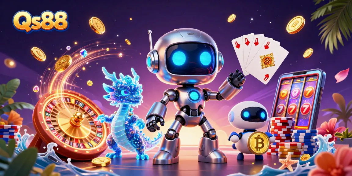 Experience the thrill of winning at Qs88 with vibrant 3D casino characters and dynamic gambling elements.