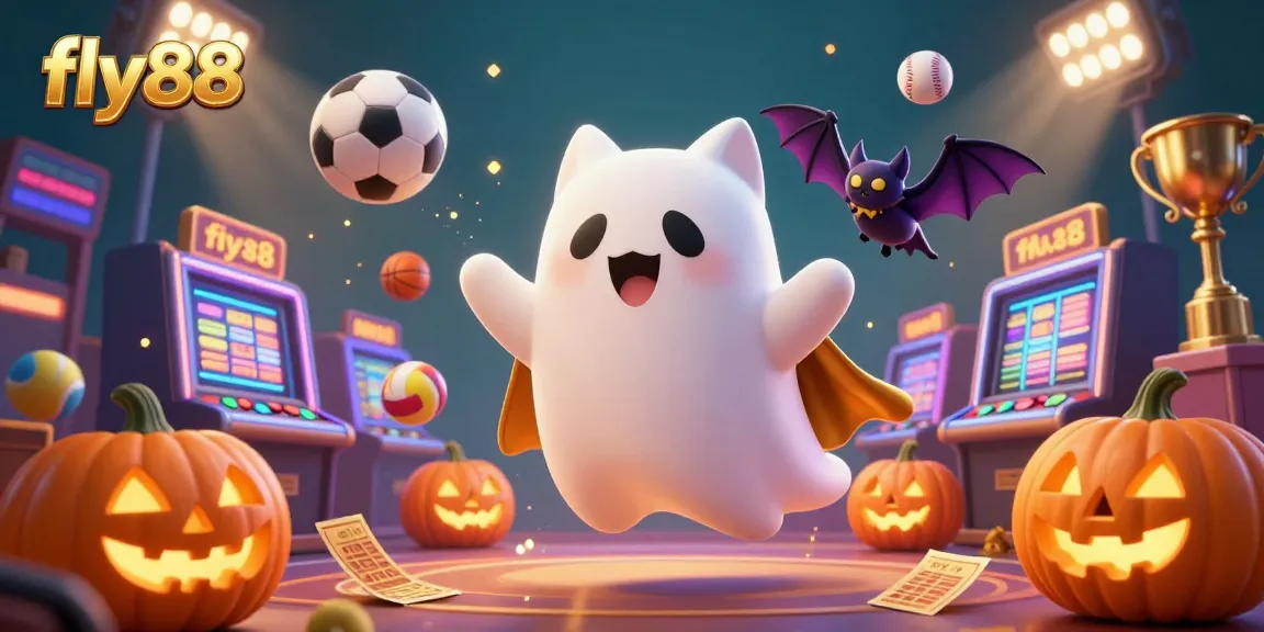 Engaging scene of fly88 with a cartoon ghost cat and vampire bat in a vibrant casino atmosphere.