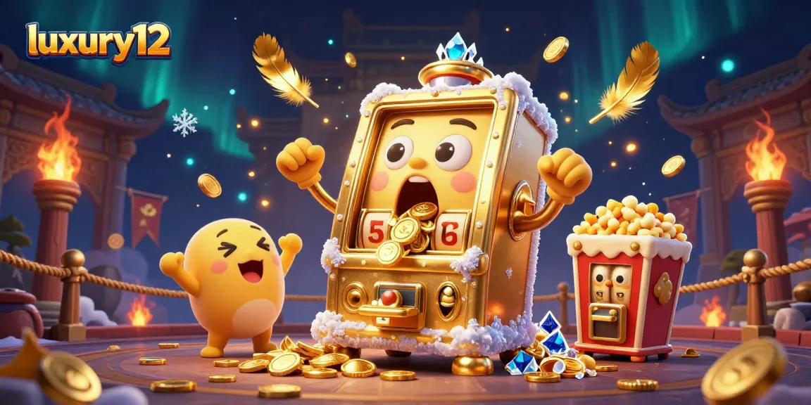luxury12 mengaktifkan jackpot dengan mesin slot emas dan mesin kecil bersorak, menggambarkan keseruan perjudian.