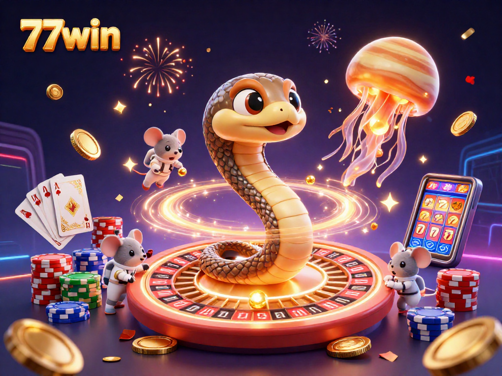 77win players enjoy a thrilling gambling experience amidst a cosmic scene with animated casino elements.