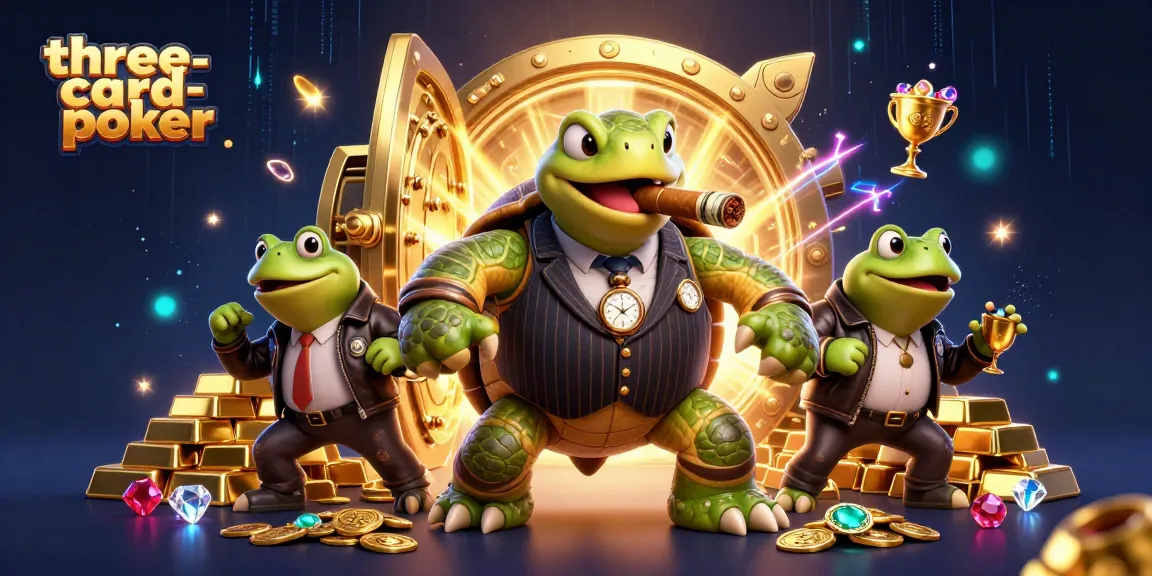 Experience three-card-poker excitement with a vibrant casino-themed artwork featuring a mobster turtle.