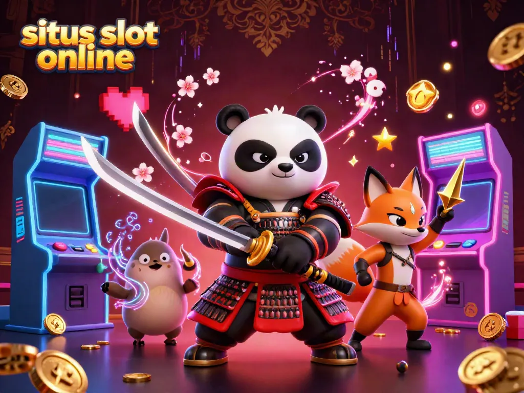 Menghadirkan situs slot online dengan karakter kartun samurai panda dan ninja, dikelilingi elemen mesin permainan 3D.
