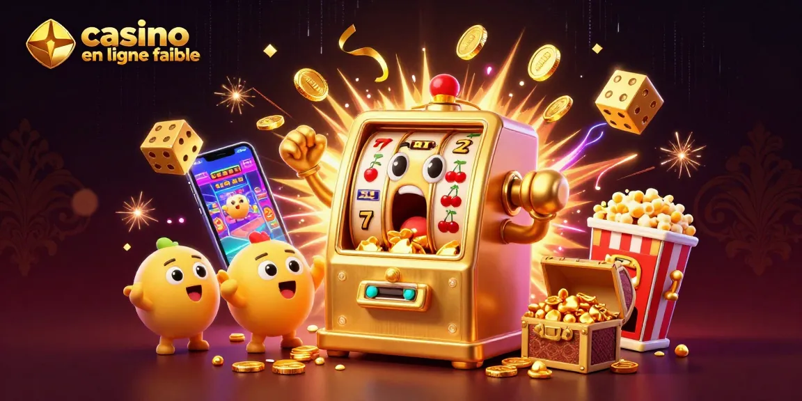 Illustration de casino en ligne fiable avec une machine à sous dorée exprimant sa surprise face au jackpot, entourée de machines à sous et d'effets dynamiques.