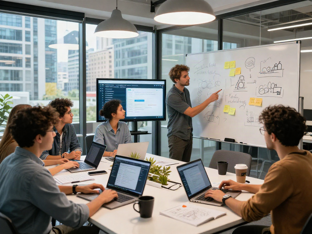 Team collaborating in a modern tech workspace with software prototypes showcasing the crushon application.