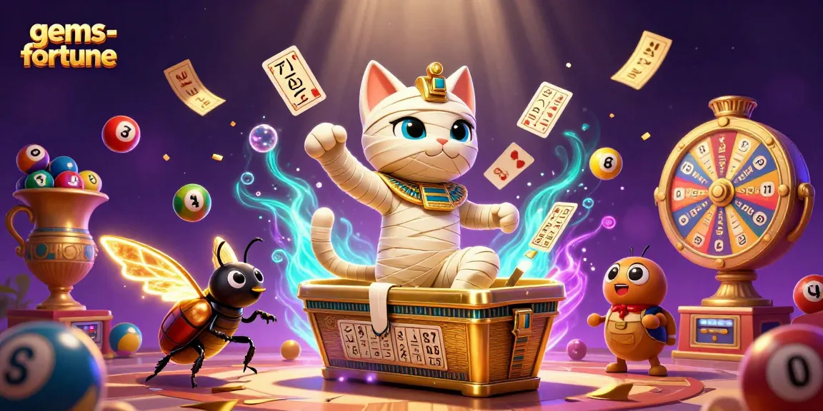 Experience gems-fortune with an exciting Egyptian mummy and vibrant lottery elements in a dynamic casino scene.