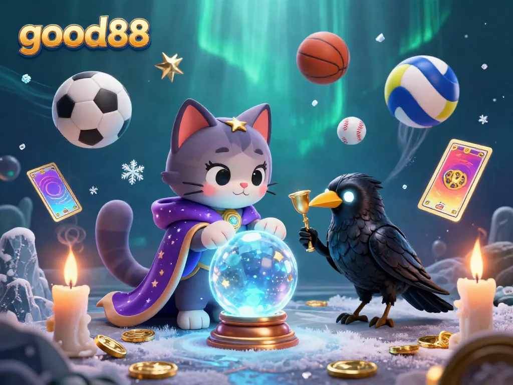 Engage with the thrilling world of good88 through an enchanting 3D mystical scene featuring a fortune teller cat, tarot raven, and dynamic gambling elements.
