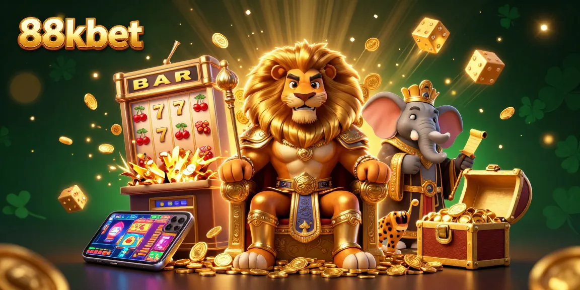 Step into the thrilling world of 88kbet with this dynamic 3D casino scene featuring majestic characters and vibrant slot machines.