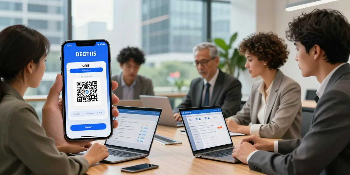 Slot deposit QRIS interface displayed on smartphone at a collaborative business meeting, emphasizing digital payment solutions.