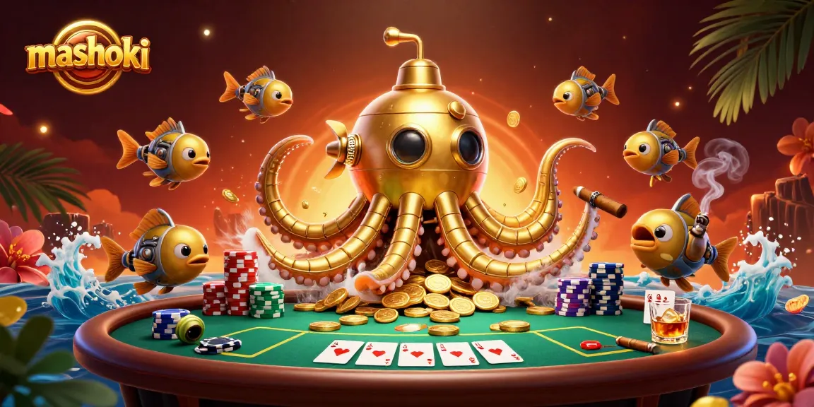 Mashoki showcases thrilling poker action with a golden kraken submarine amidst vibrant casino elements.