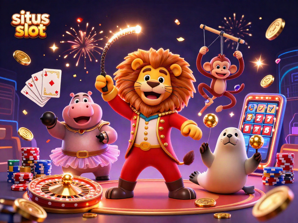 Engage with situs slot and experience the thrill of spinning reels and vibrant casino elements in a lively carnival scene.