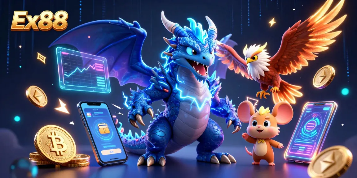 Experience Ex88's electrifying gaming world with a thunder dragon, fierce hawk, and crypto displays.